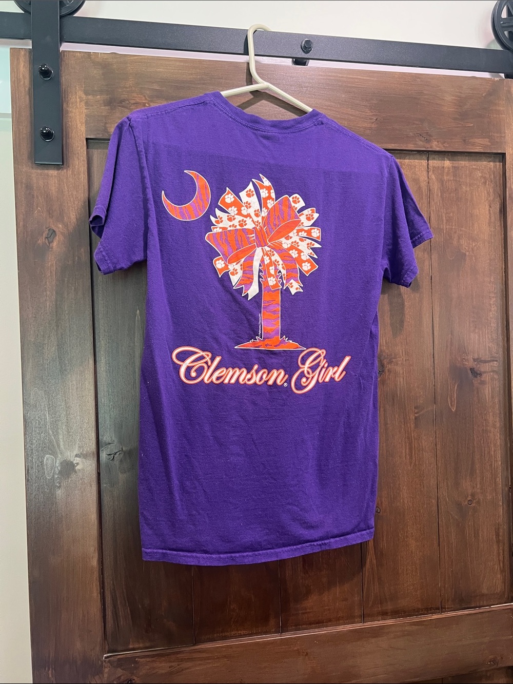M52 Gildan Purple Tee with Orange Clemson Girl Palmetto Design Size Small